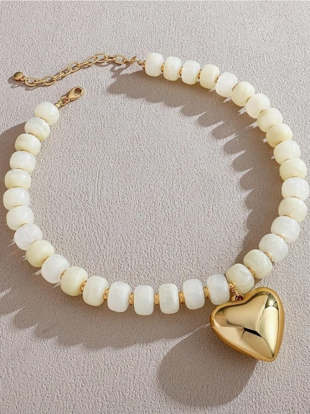 Gold Heart Pendant Cream Bead Choker Necklace